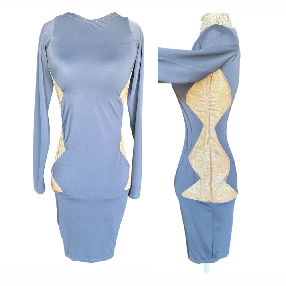 Sexy Blue Grey Dress Sheer Hourglass Illusion Size Medium Dancer Party Club Hot